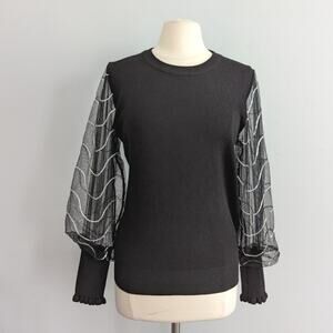 NEW Women's Alice Blue Sequin Transparent Black Sleeves Blouse Sweater Small